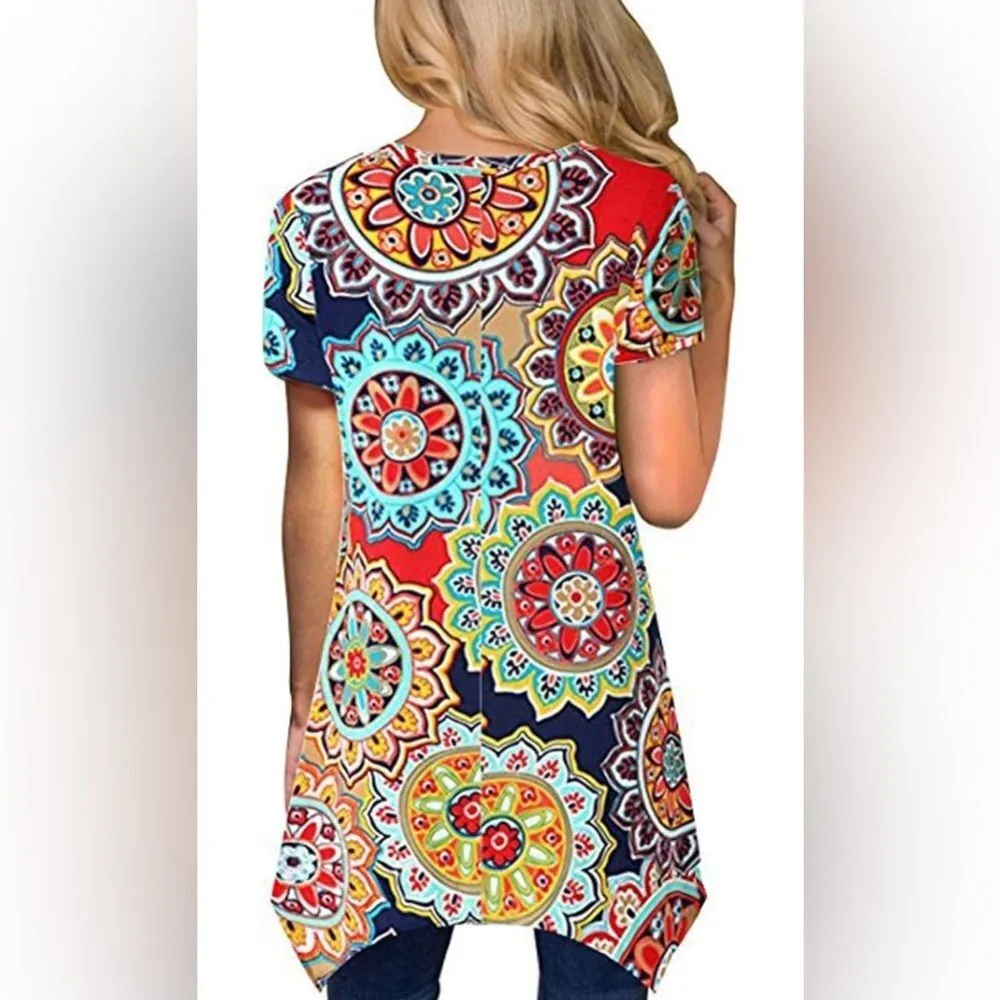 Women's Floral Short Sleeve Casual Blouse Top Tee Shirt (239) Blue Size L - Image 2