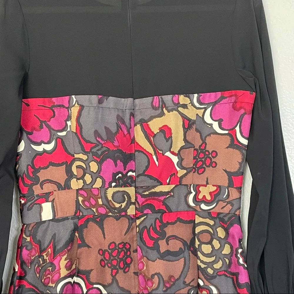 Trina Turk Silk Floral Black Red Purple Long Sleeve Dress Size 6 - Image 10