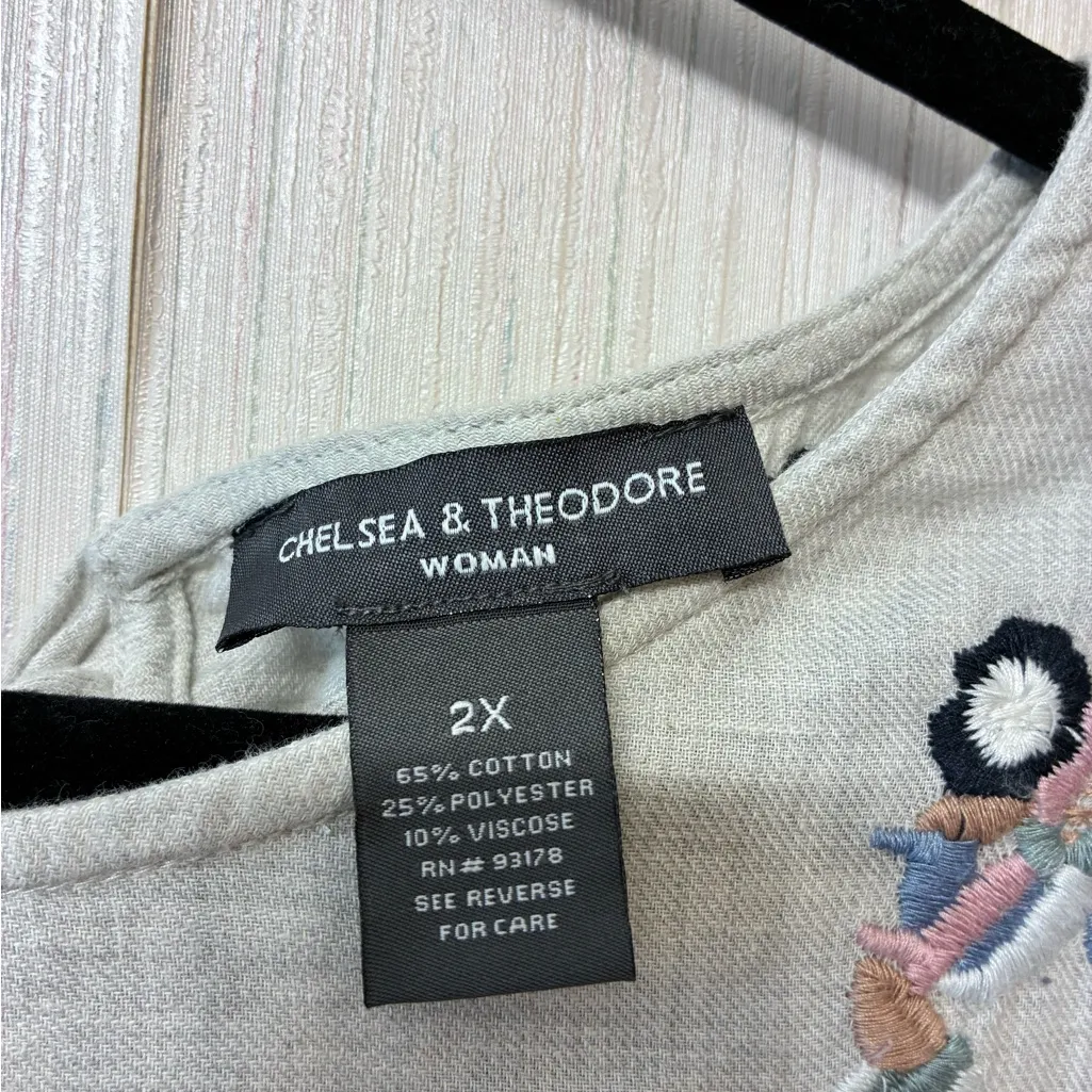 Chelsea & Theodore Size 2X Embroidered Bell Sleeve Top Linen Blend Boho Tunic Gray - Image 7