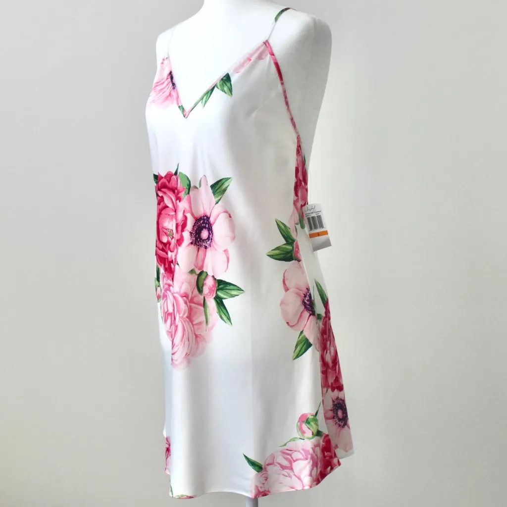 NWT Jezebel by Felina White Pink Satin Crossback Chemise Slip Floral Rose Small - Image 3