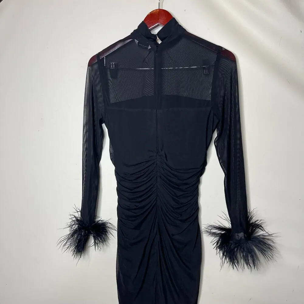 Amanda Uprichard Vixen Mini Dress Ostrich Feather Cuff Womens XL Black - Image 11