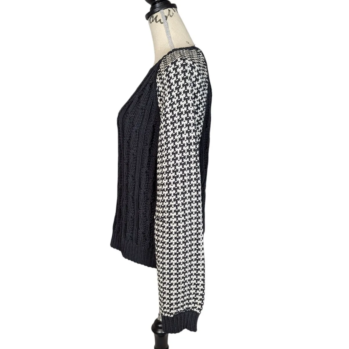 Miss Wu Mixed Knit Sweater Black & Ivory Houndstooth Cable Knit Size XL - Image 3