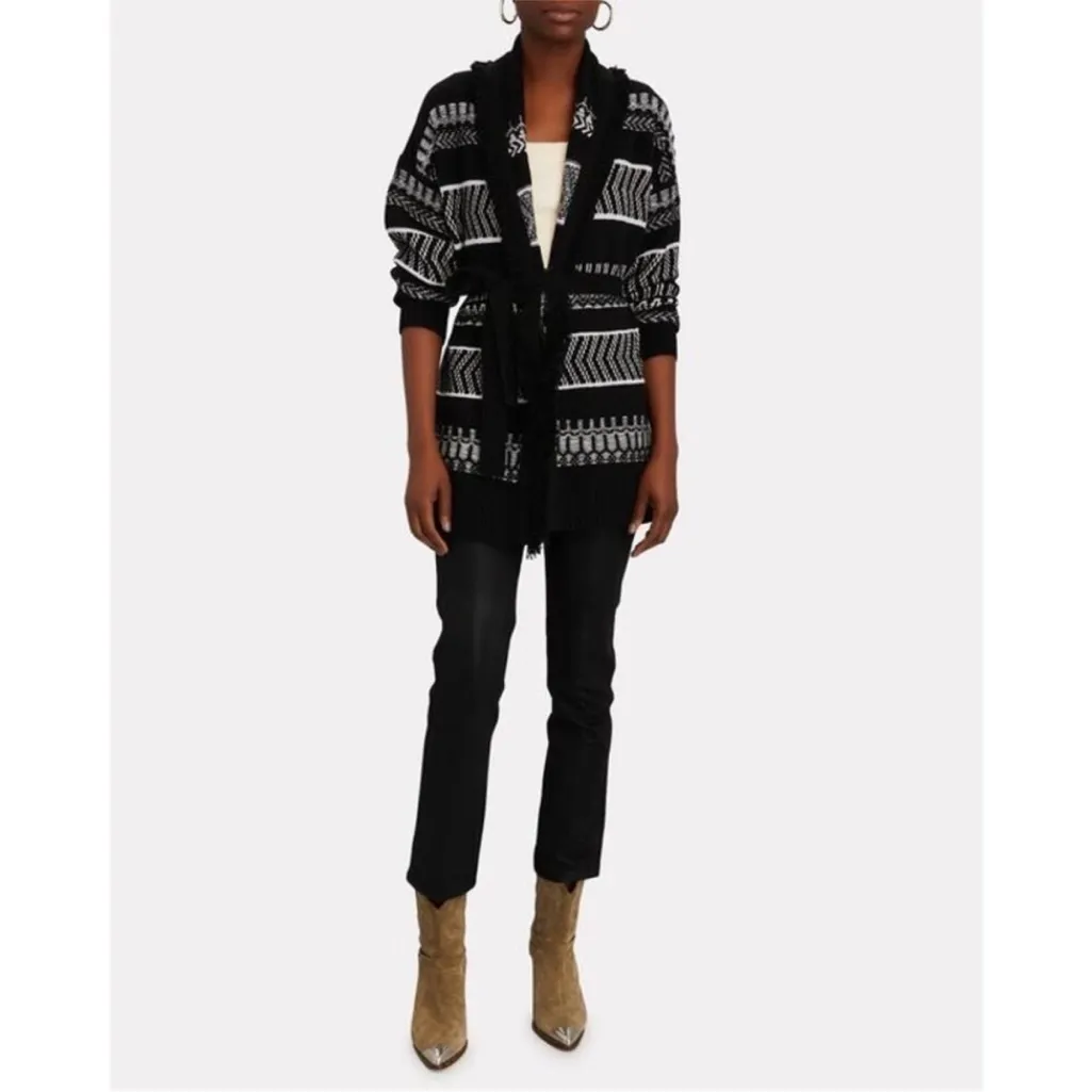 INTERMIX Fringed Wool Cashmere Black White Belted Knit Blanket Cardigan Small - Image 3