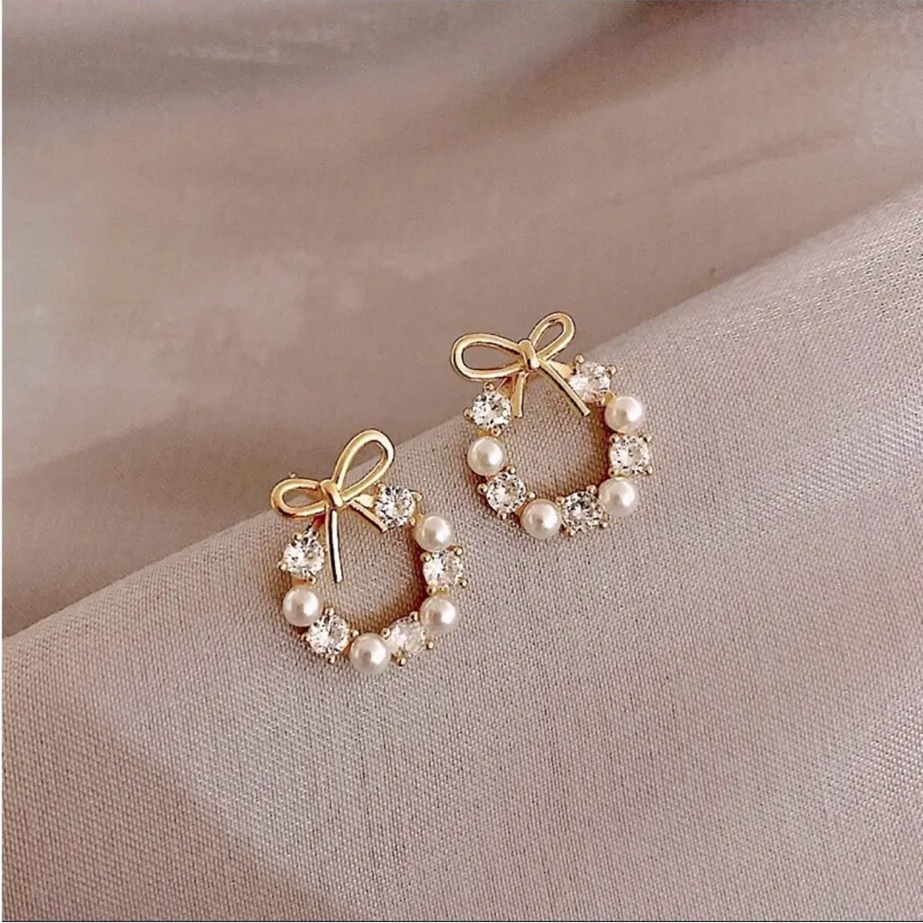 Wreath Bohemian Imitation Zirconia & Pearl Style Bowknot Fashion‎ Stud Earrings Gold - Image 6