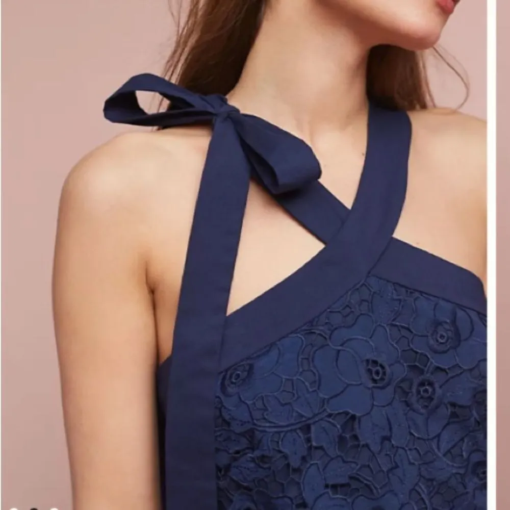 Anthropologie Shoshanna Floral Lace Navy Blue Halter Dress Size 6 - Image 3