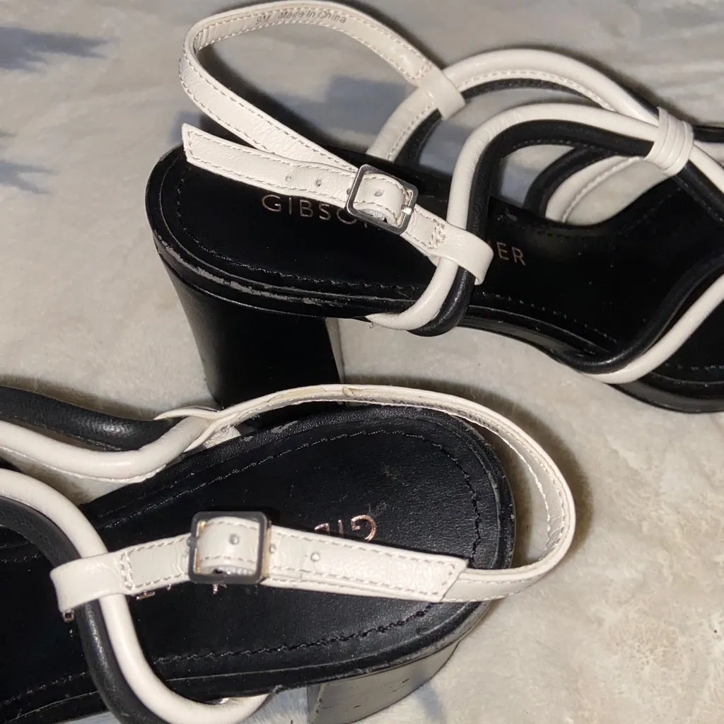 GIBSON*LATIMER BLACK/WHITE LEATHER SANDALS New Genuine Sheep Leather BLOCK HEEL - Image 6