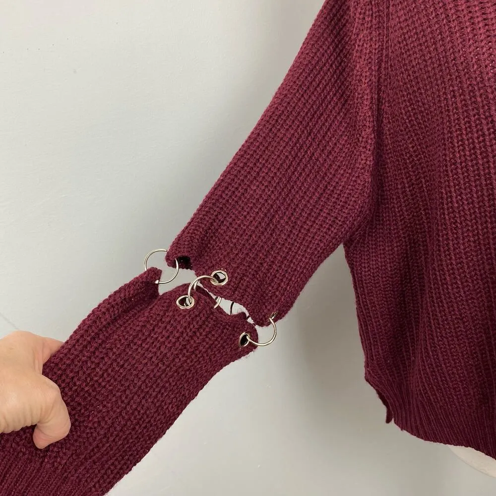 LF Seek the Label Burgundy Cutout Sleeve Chunky Knit Oversized Sweater Small - Image 2