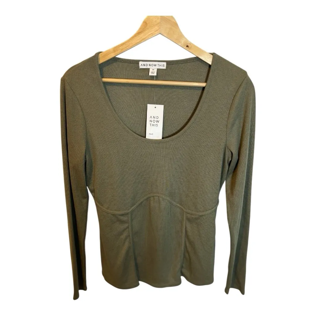 And Now This Plus Size 0X Rib Knit Green Corset Top Long Sleeve Scoop Neck - Image 2