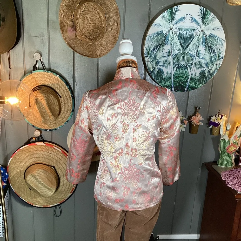 Pink Satin Style Floral Mandarin Collar Thick Jacket Small - Image 7