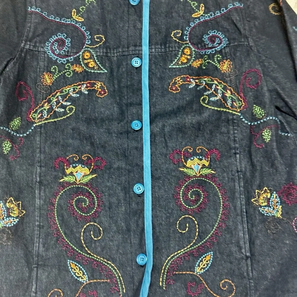 Denim and Co Womens Embroidered Shirt Jacket w/pockets size M Dark Denim Blue Size M - Image 6