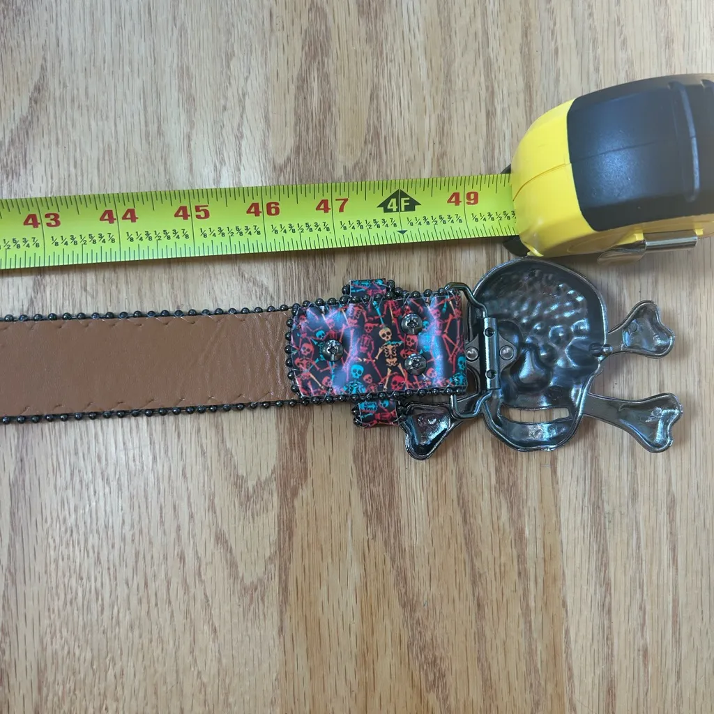 Printed Rhinestones Big Skull And Bones Buckle Red Belt Punk Goth 49” - Image 7