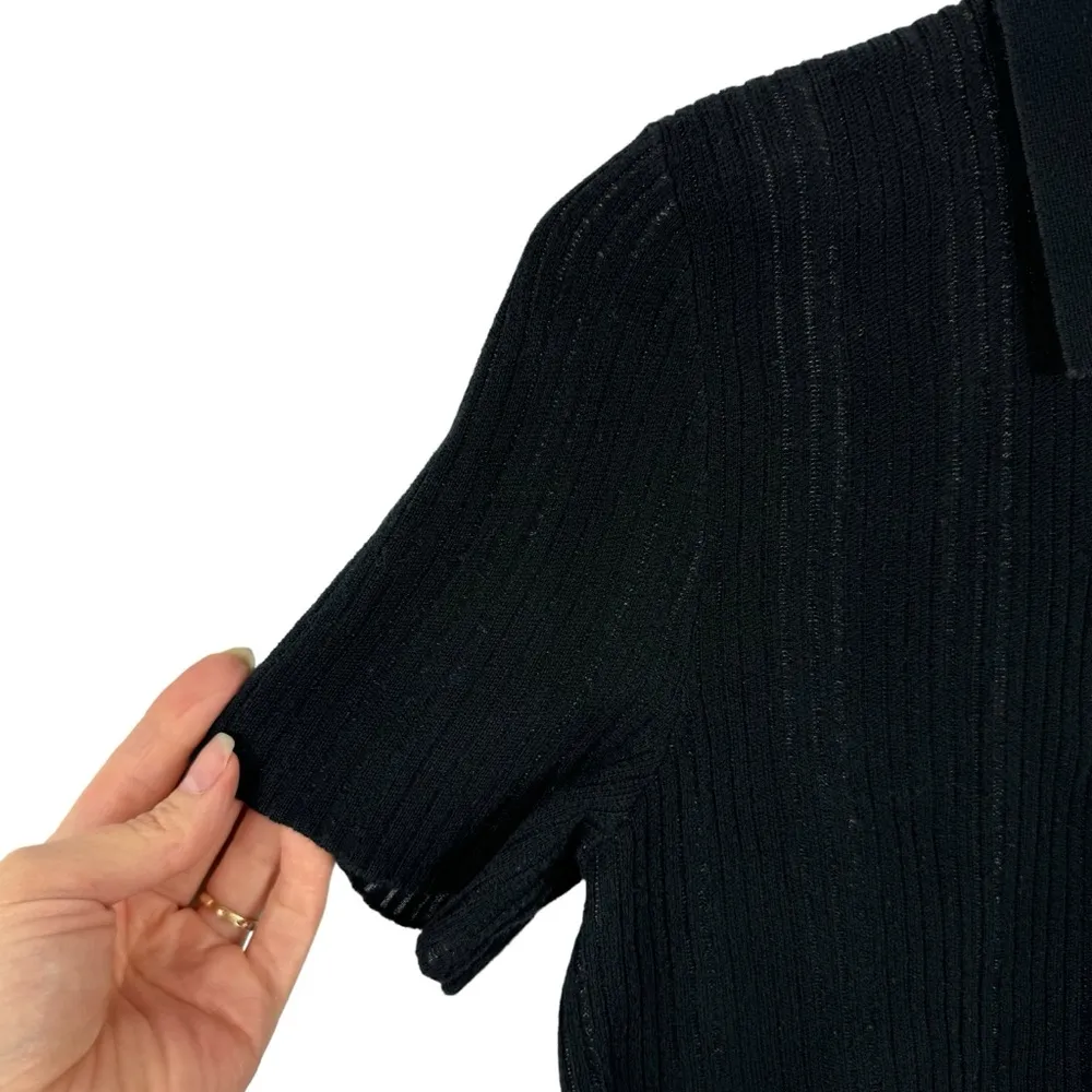 THEORY Cropped Matte Cotton Jacquard Black Polo Shirt Short Sleeve Collared SZ M - Image 4