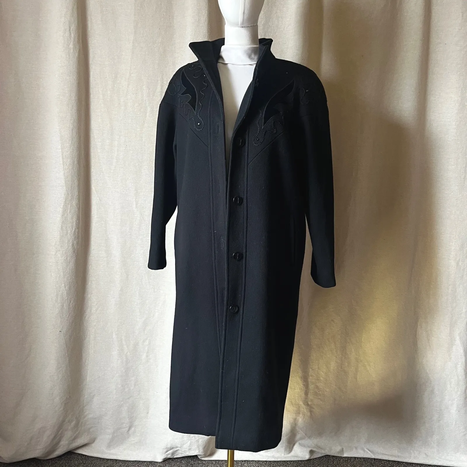 Vintage Luba Paris Black Virgin Wool Embroidered Long Coat Size M - Image 10