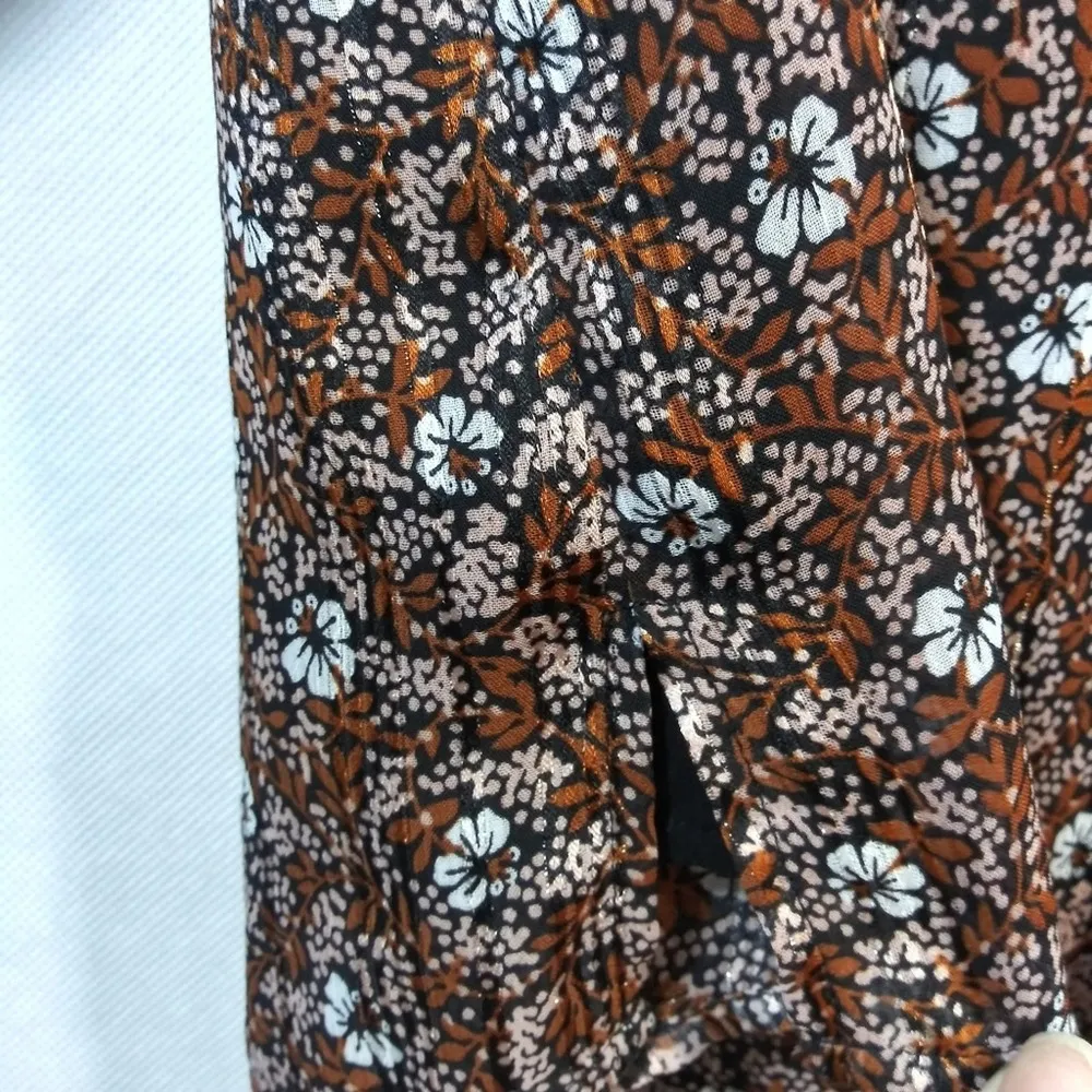 Pale Sky Brown Floral Roll Tab Sleeves Boho Blouse Size L Size L - Image 6