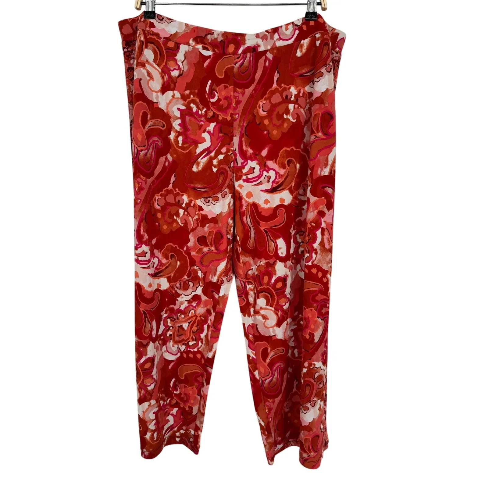Susan Graver Liquid Knit Pull On Crop Pants XL Orange Red Paisley Vibrant Bold - Image 2