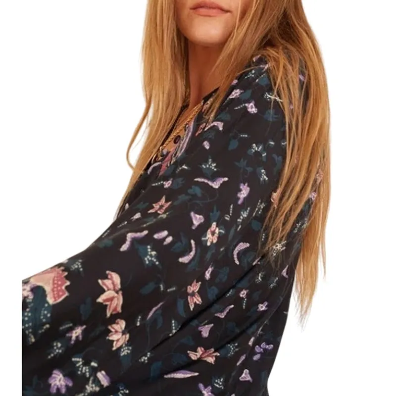 Natalie Martin Renata Silk Peasant Blouse Lotus Print Nero with Tied Sleeve XS - Image 5