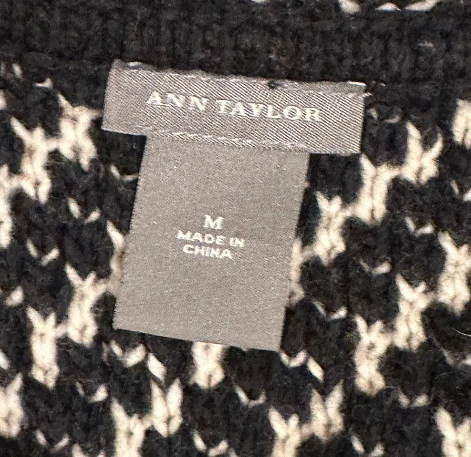 Ann Taylor Button Down Knit Cardigan Black Ivory Belt Collar Wool Blend SZ M - Image 7
