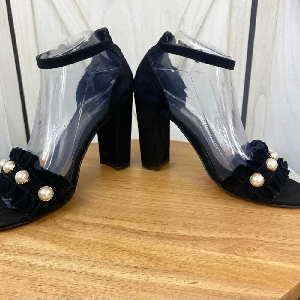 Marc Fisher King Pearl Ruffle‎ Block Heel Suede Sandal Black 8.5 - Image 6
