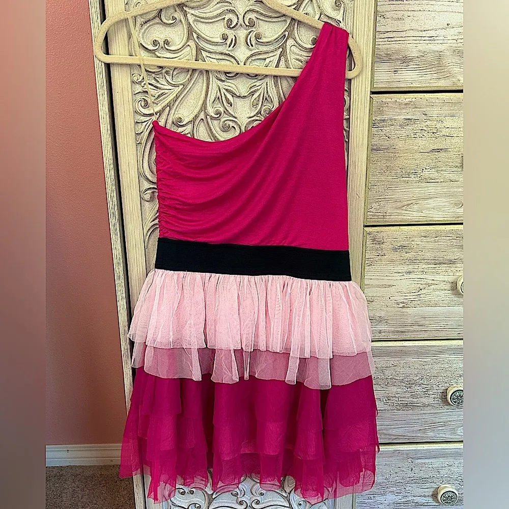 Vintage Y2K pink black shoulder tiered high school musical ruffle toile dress L - Image 2