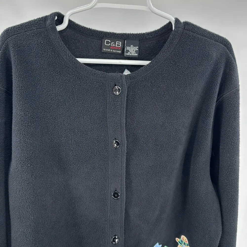 Croft & Barrow Black Fleece button front cardigan XL winter holiday felted patch - Image 8