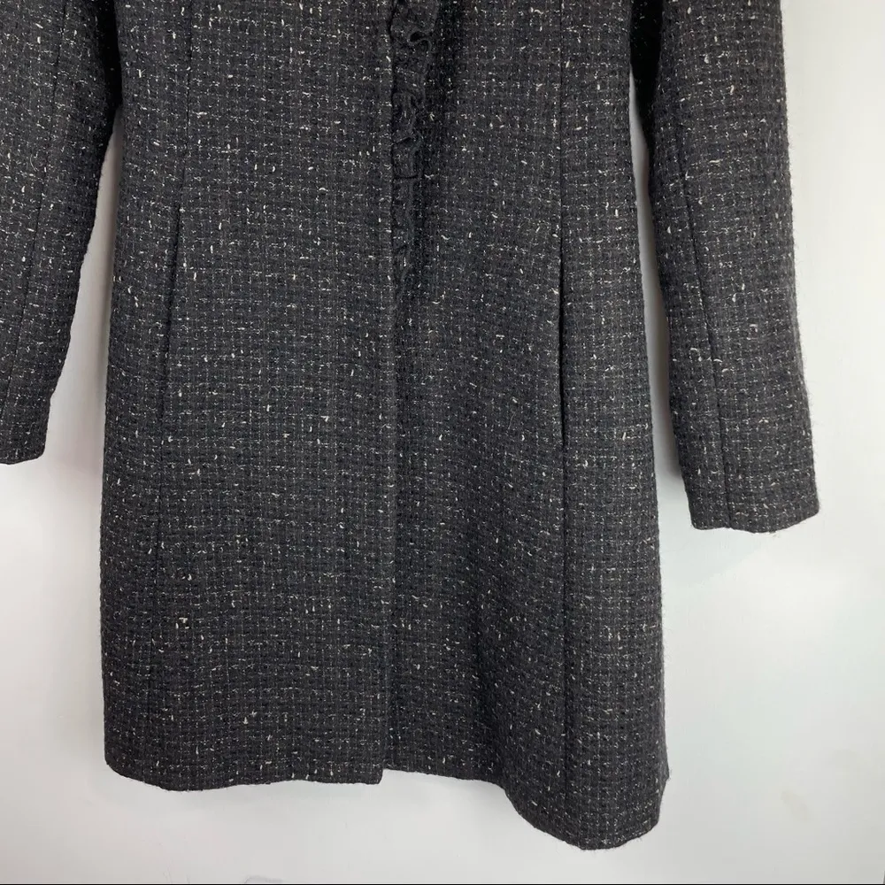 DKNY Black Brown Tweed Wool Ruffle Longline Coat Jacket Sz 4 - Image 7