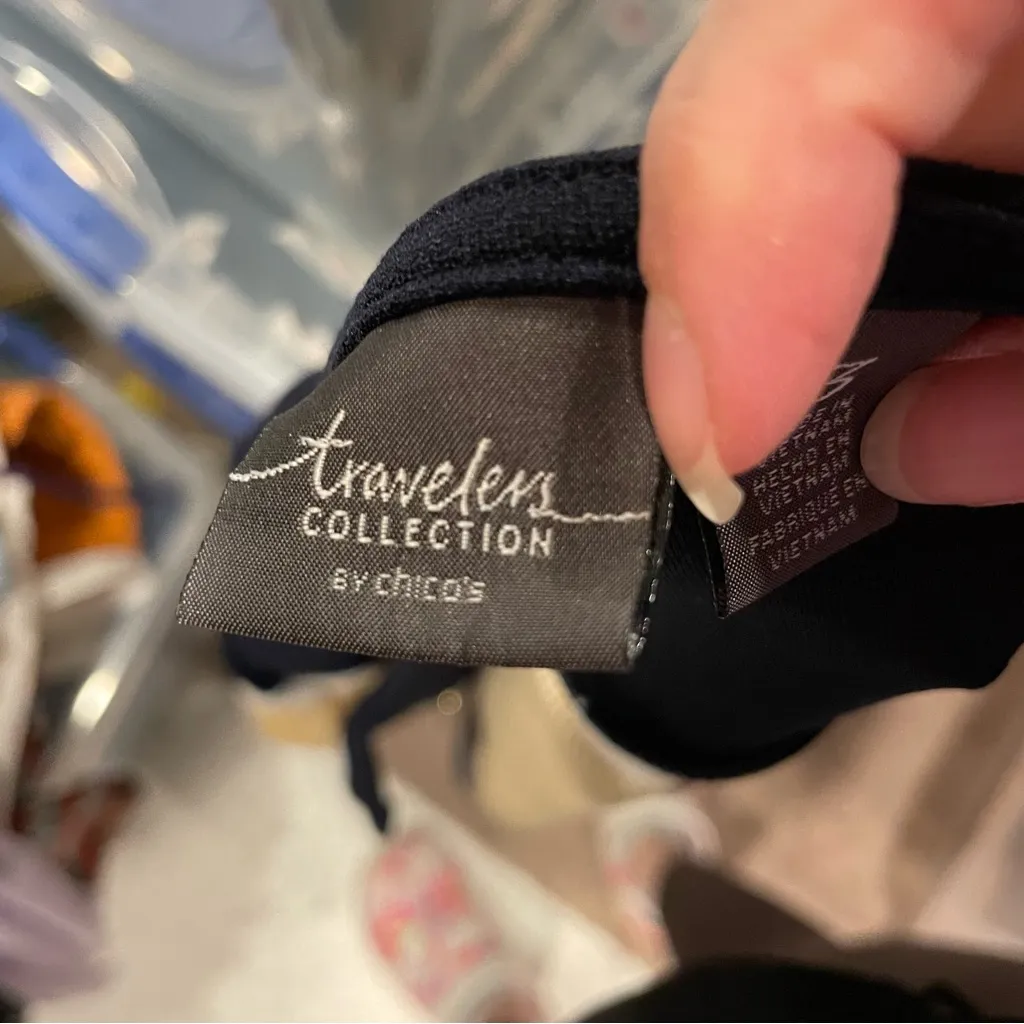 Cute relaxed Chico’s travelers camel navy striped cardigan top faux suede - Image 6