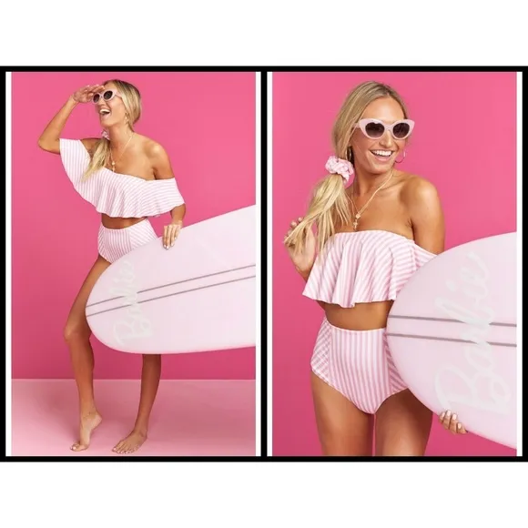 💕SHOW ME YOUR MUMU💕 Barbie Ruffle Bikini TOP Skipper Stripe Pink & White S NWT - Image 2