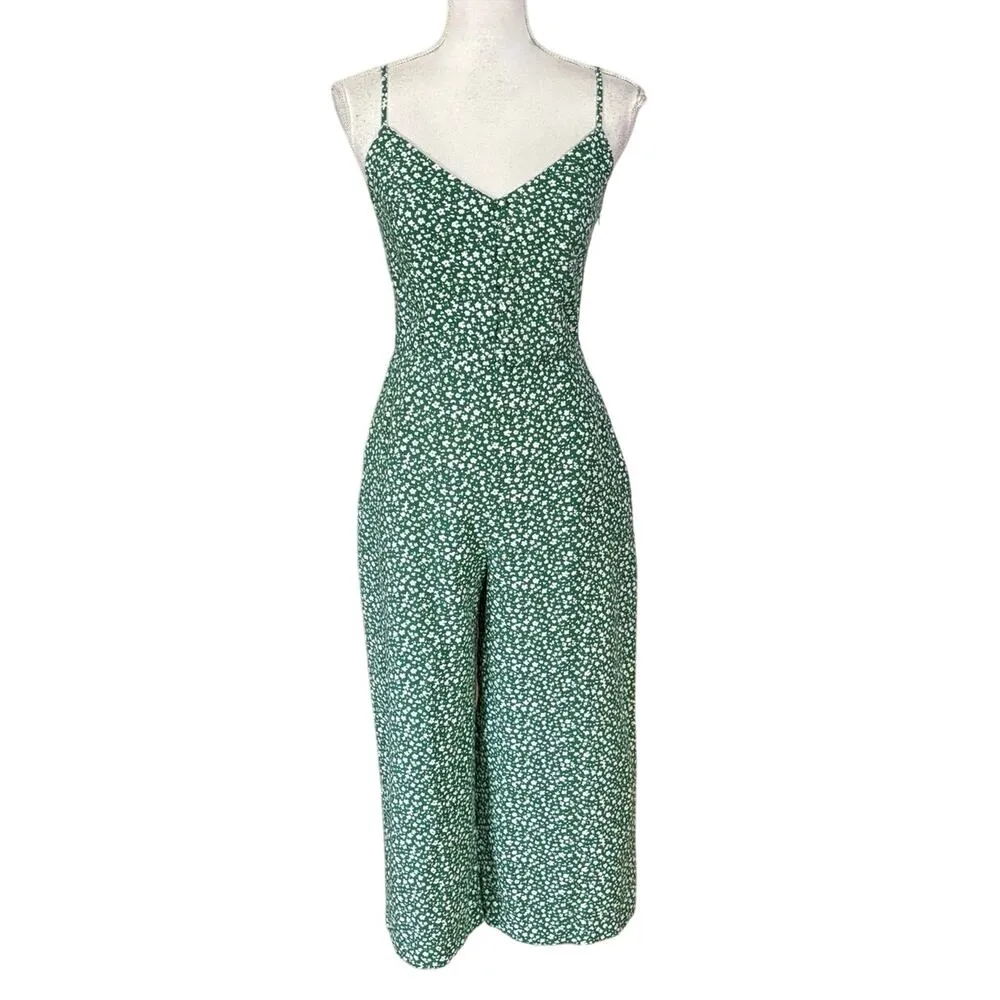 Banana Republic Size 4 Ditsy Floral Wide Leg Jumpsuit Cropped Pockets Green FLAW - Image 2