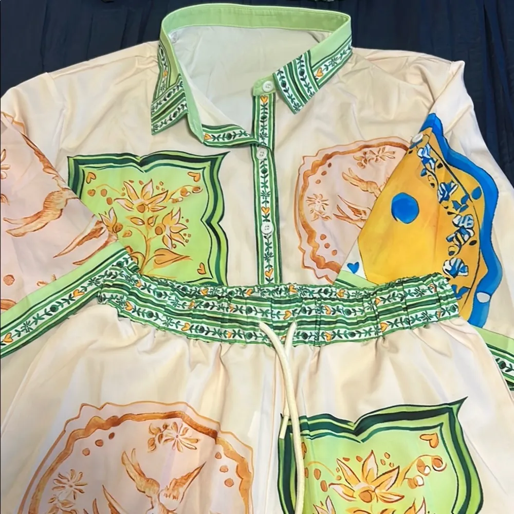 Boho Style Porcelain Print Pajama set or Beachwear Size Large Green - Image 6