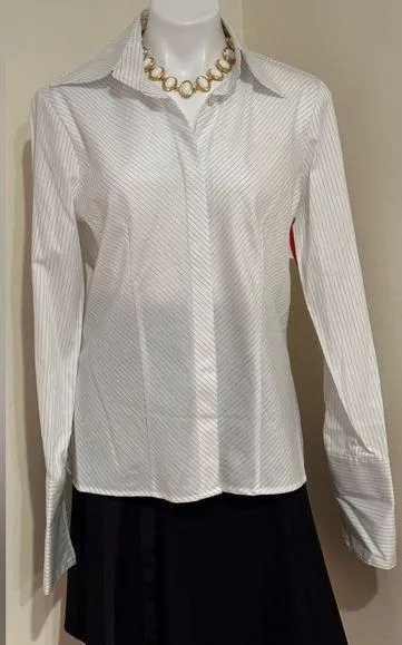 Farinaz Taghavi NWT White Black Stripe Button Down Blouse V Neck Collard… Size 2 - Image 1
