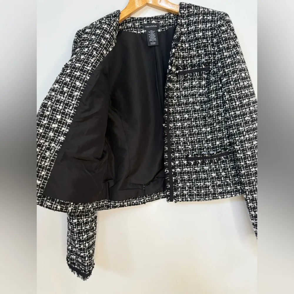 LORD & TAYLOR Black White Tweed Frayed Bouclé Blazer Jacket Size 4 - Image 5
