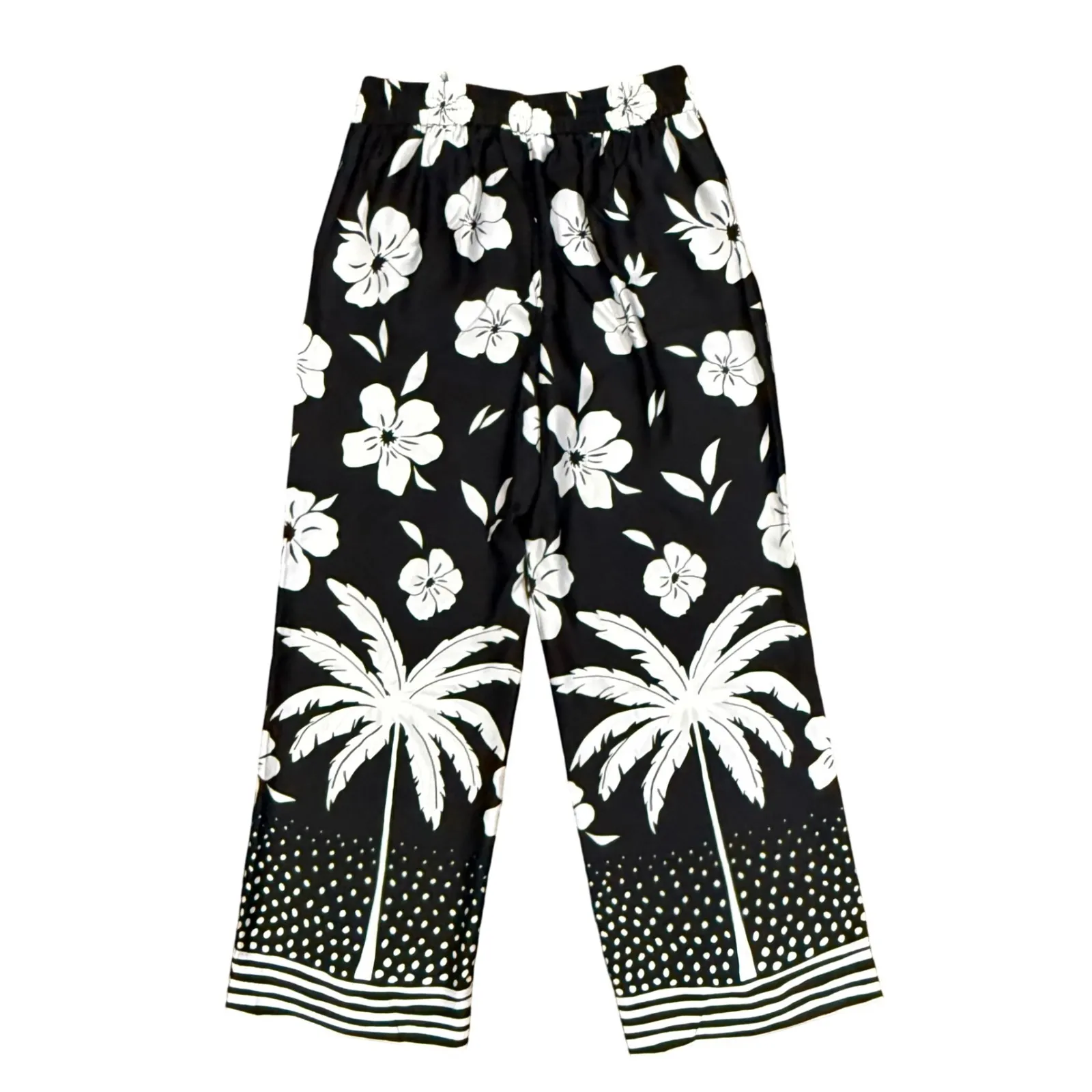 Talbots Tie Waist Wide Leg Pants - Palm Beach Border Satin Fabric size Small - Image 5