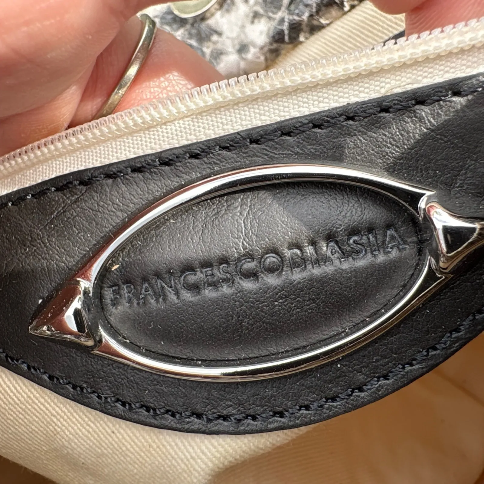 Francesco Biasia Linen Baguette Bag Snakeskin‎ Trim Convertible Strap Tan - Image 6