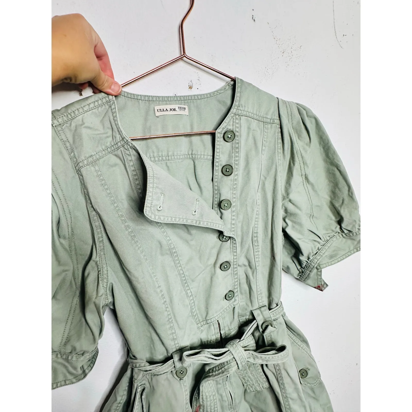 ULLA JOHNSON Sage Green 100% Cotton Short Sleeve Puffed Tied Carmine Romper sz 2 - Image 13