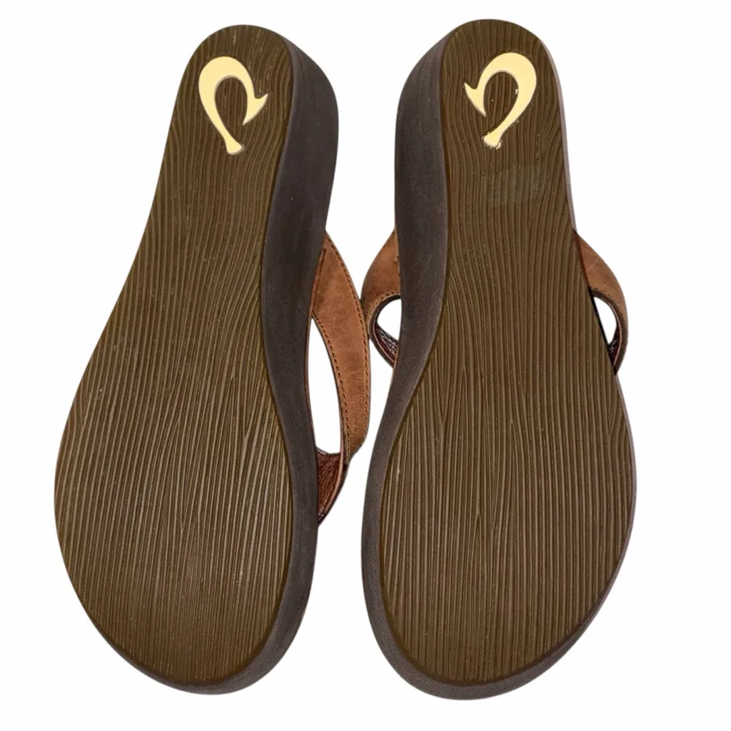 Olukai Paniolo Brown Leather Wedge Flip Flop Thong Sandals Shoes size 9 - Image 10