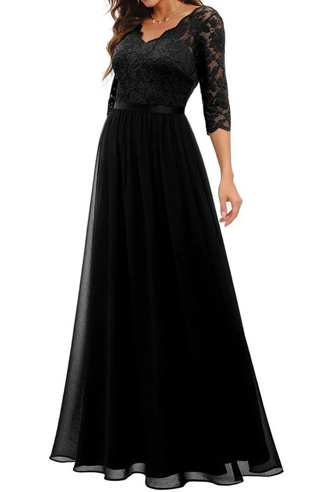 NEW Lace Floral Formal Elegant Bridesmaid Flowy Gown Maxi Dress L Black Size L - Image 6