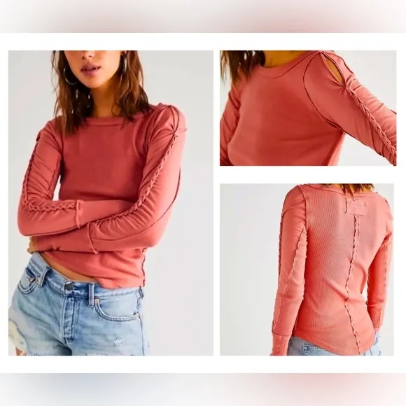 FREE PEOPLE Daisy Chain Cuff Long Sleeve Ribbed Cold Shoulder Top  Sz Med - Image 2