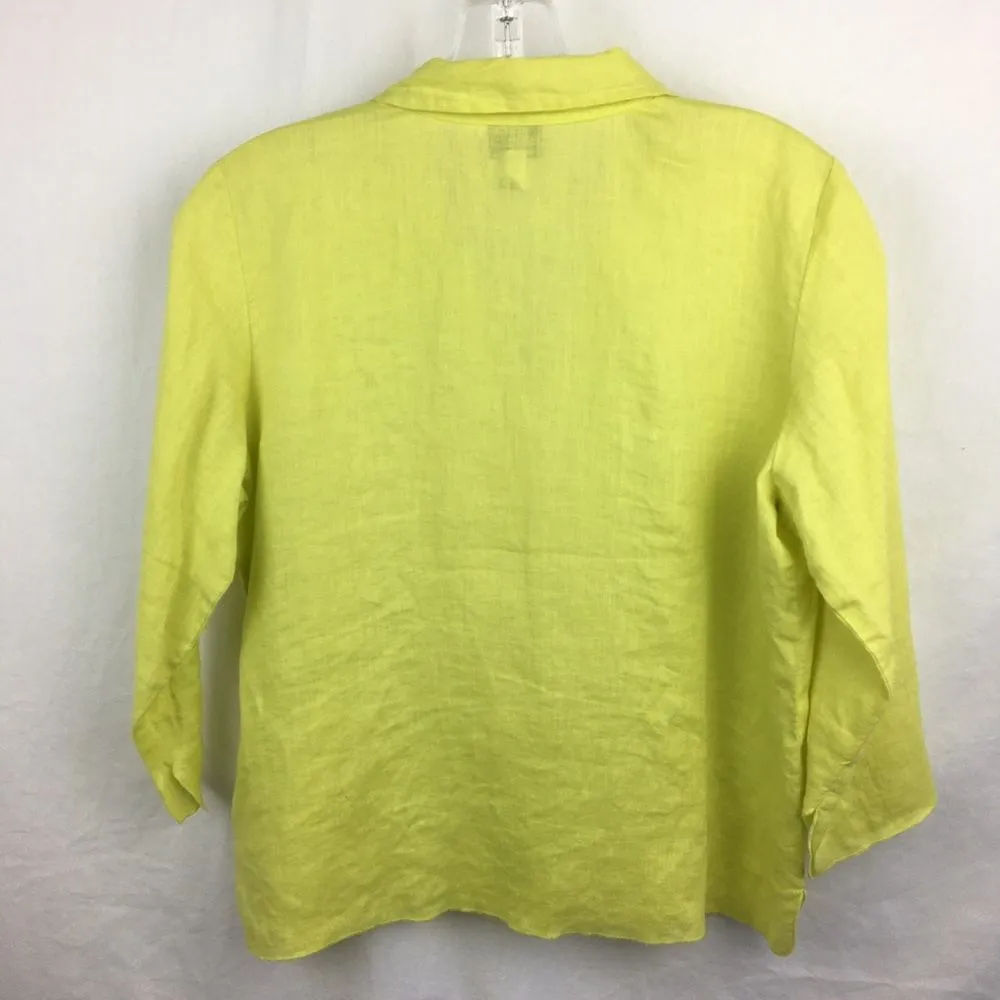 Eileen Fisher 100% Linen Yellow Button Up Casual Short Sleeve Top PS - Image 3
