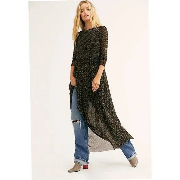 $128 Free People Black Hello & Goodbye Mesh Long Sleeve Maxi Dress Size Small - Image 3
