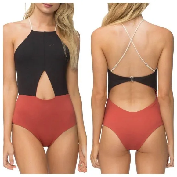 Tavik Lela  Cut Out Swimsuit Black Rust Orange Womens Size XS - Image 3