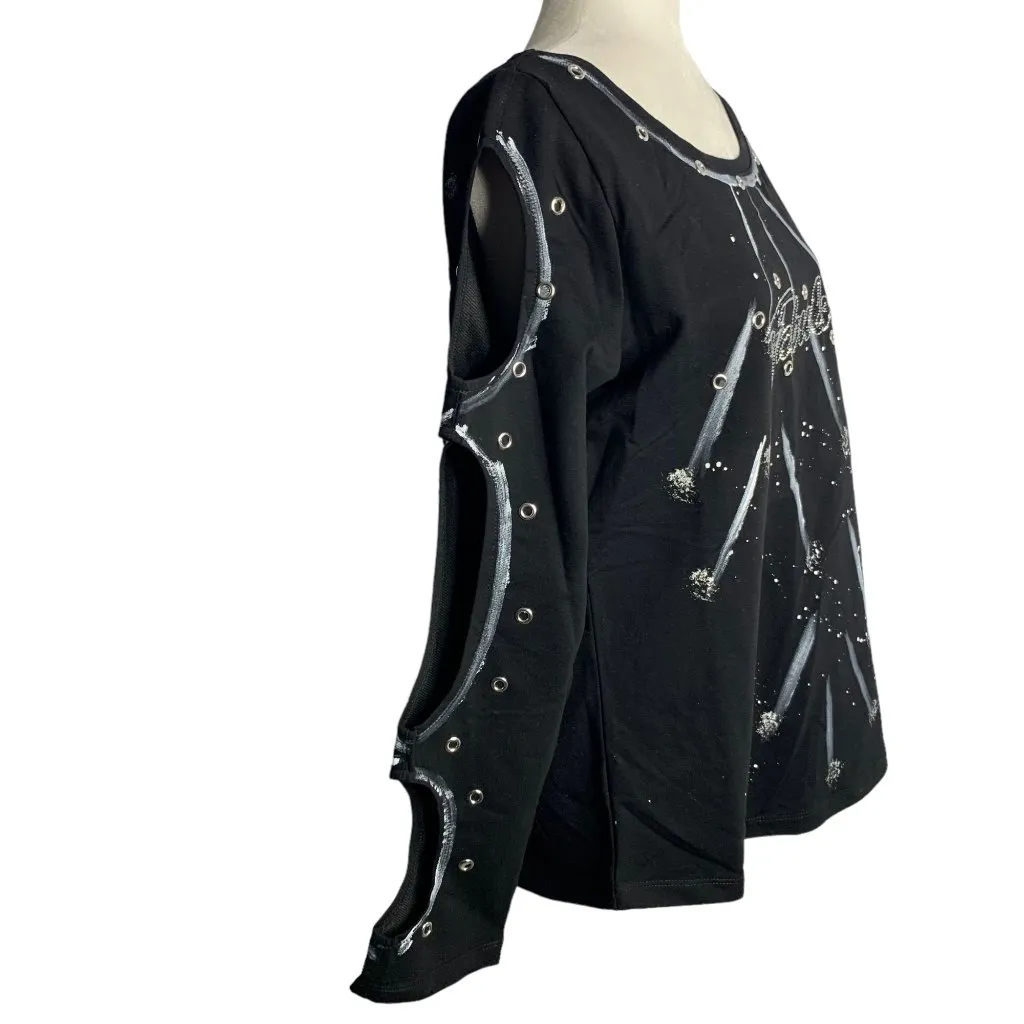 Olyss Hand Painted Fabulous Cut Out Top M Black Long Sleeve Rhinestones Rivets Size M - Image 6