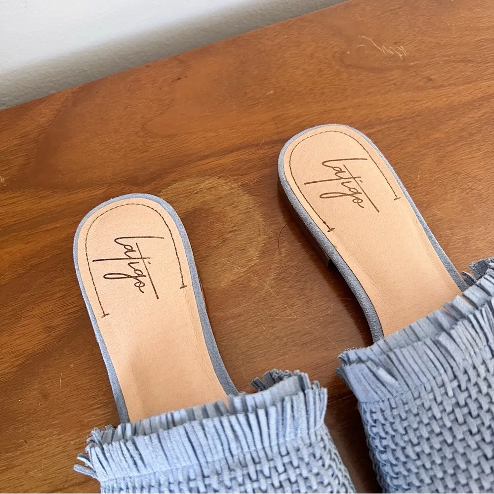 Latigo • Anthropologie Sofie Fringed Slide Sandal woven mules flat blue suede - Image 3