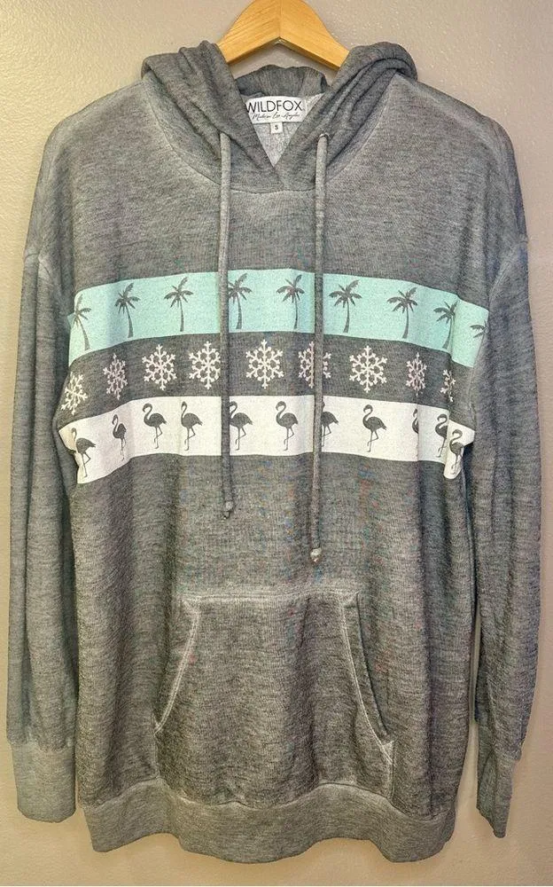 Wildfox Palm Tree Flamingo Snowflake Heather Gray Pullover Hoodie Sweatshirt - Image 2