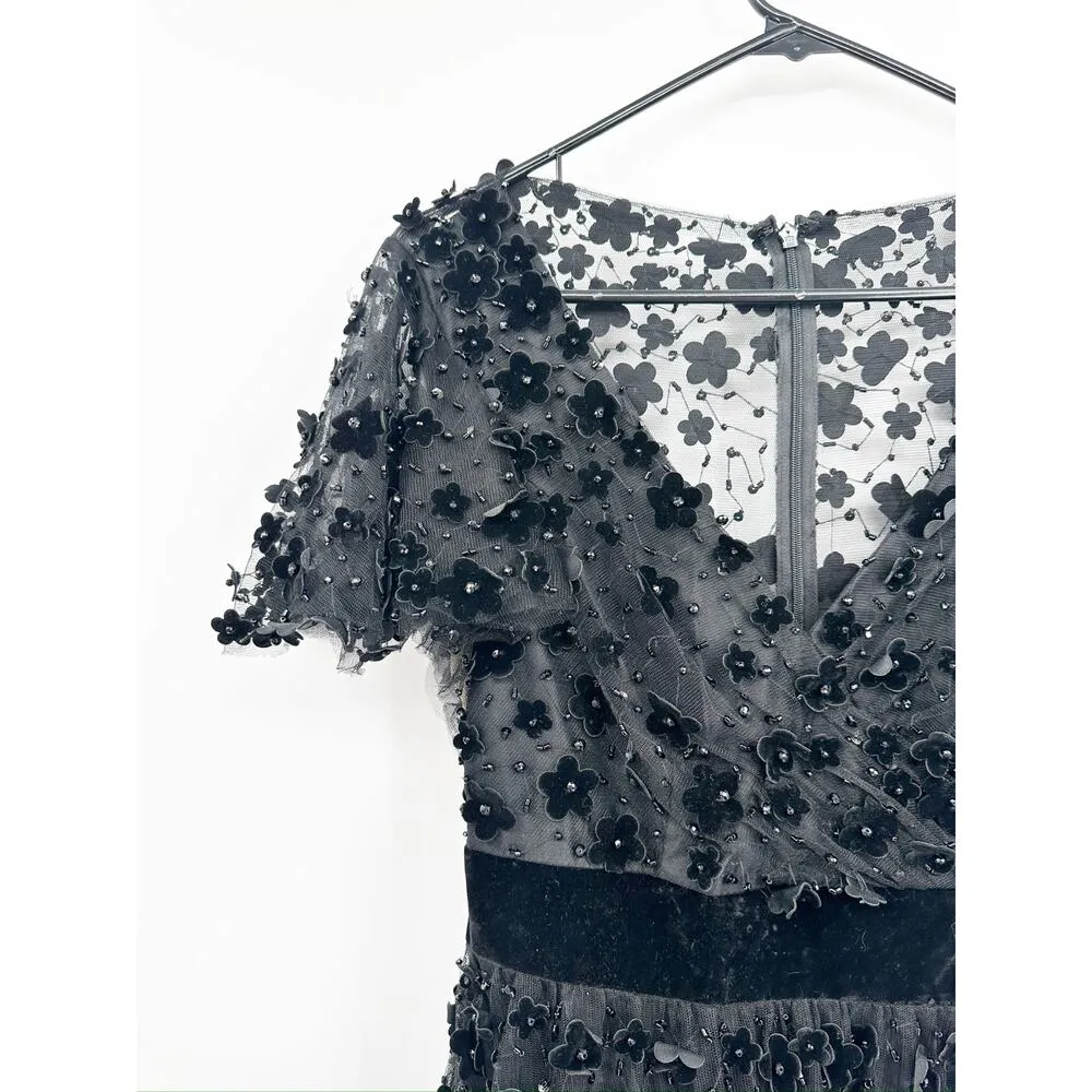 Mac Duggal Black Velvet Flower Embellished Short Sleeve Midi Dress Size 6 New - Image 7