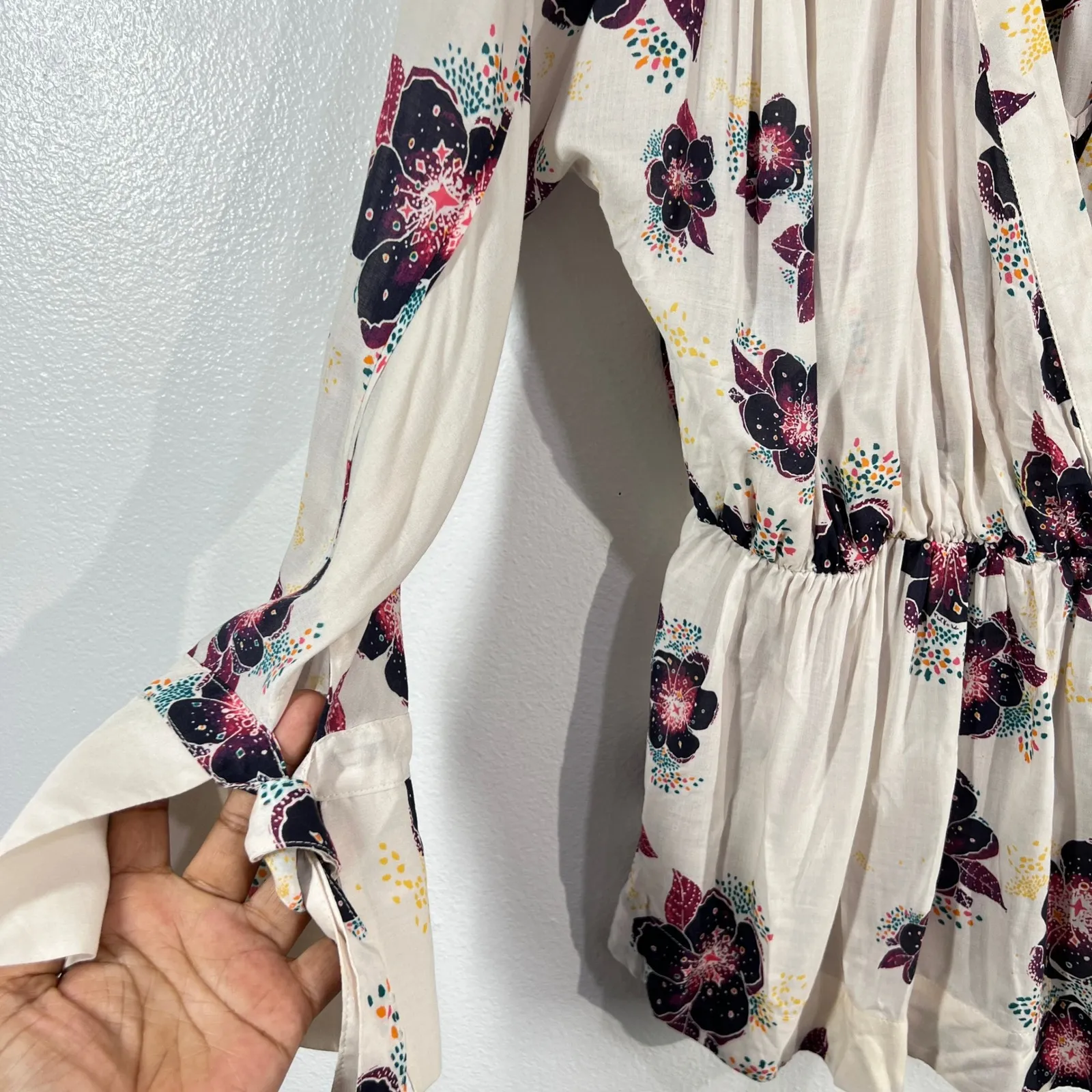 Free People Tuscan Dreams Floral Wrap Blouse BohoPeplum‎ Tie Sleeve Top Cream XS - Image 9