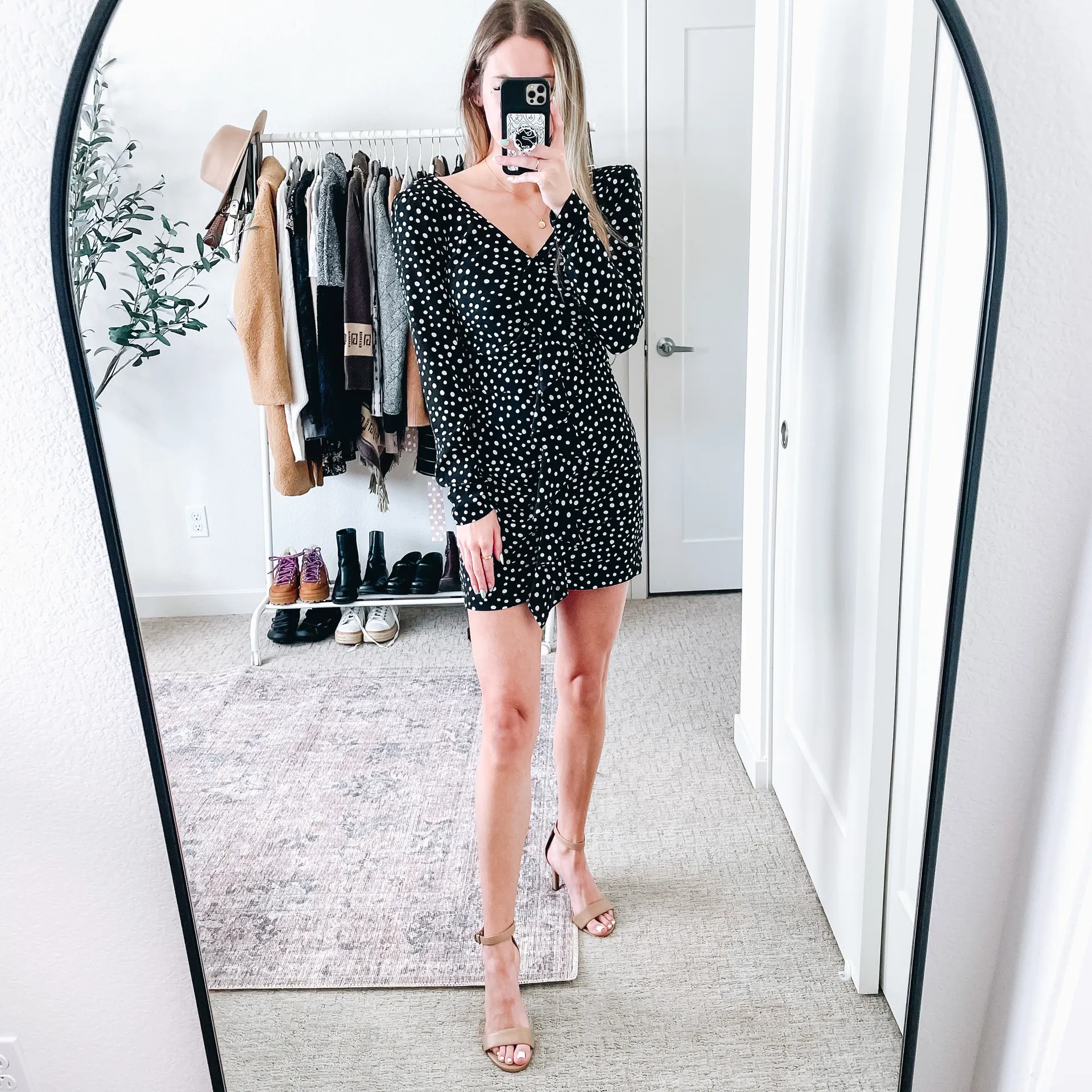 Corinne Black & White Polka Dot Long Sleeve Ruffle Mini Dress - Image 4