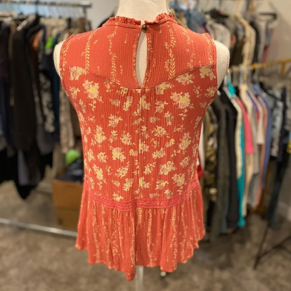 Maurice’s Coral Yellow and White Boho Ditsy Floral Peplum Babydoll Tank Top - Image 3