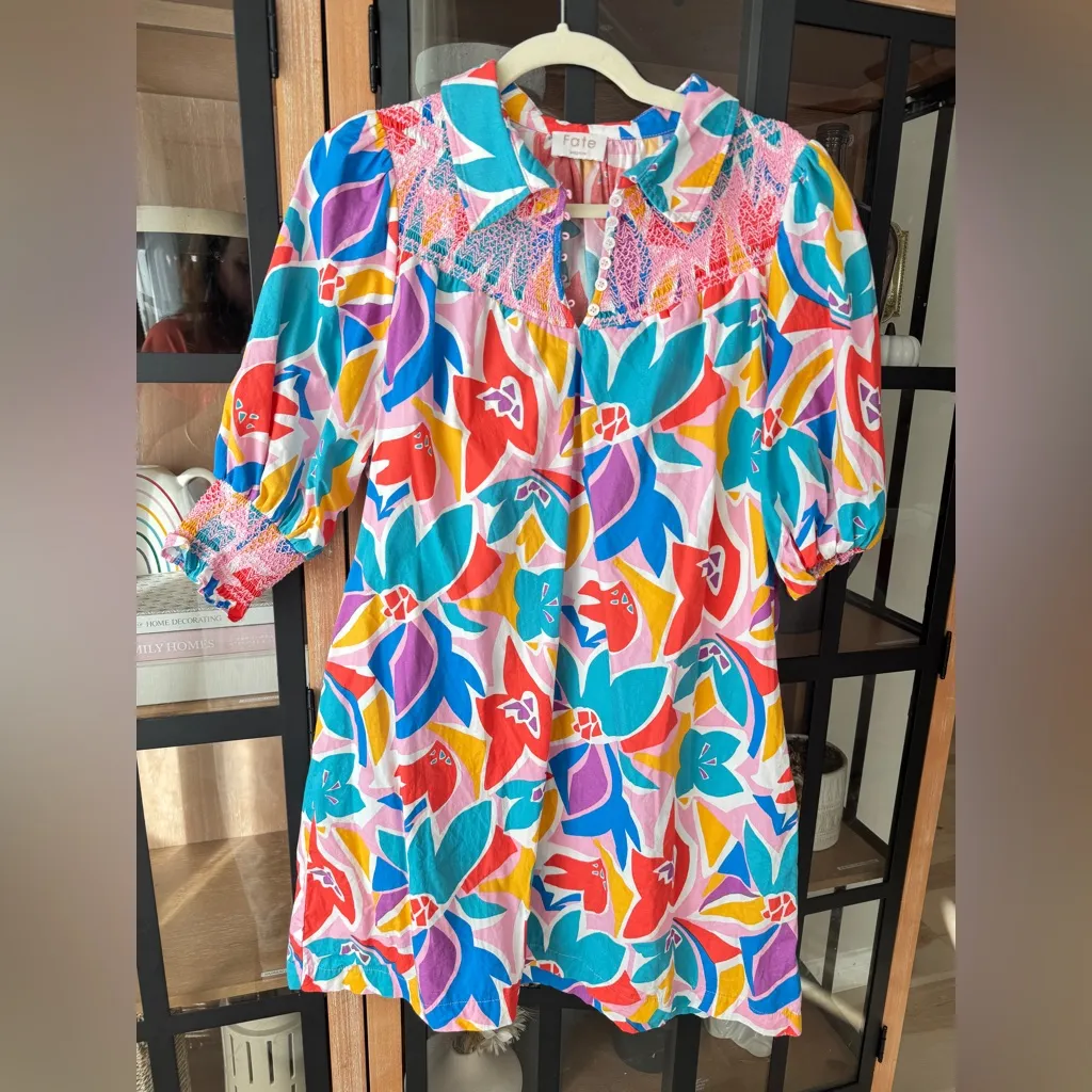 Fate smocked mini dress colorful print collar pockets 3/4 long sleeve floral Pink Size M - Image 2