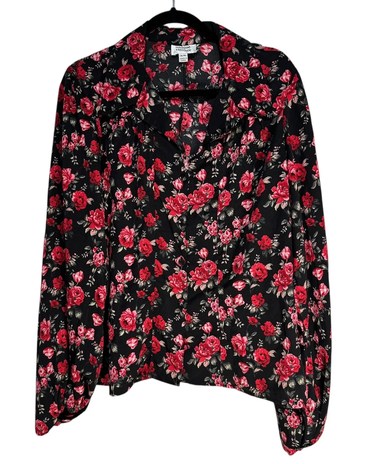 Unique Vintage Black Red Rose Floral Print Long Sleeve Collared Button Shirt XL - Image 1
