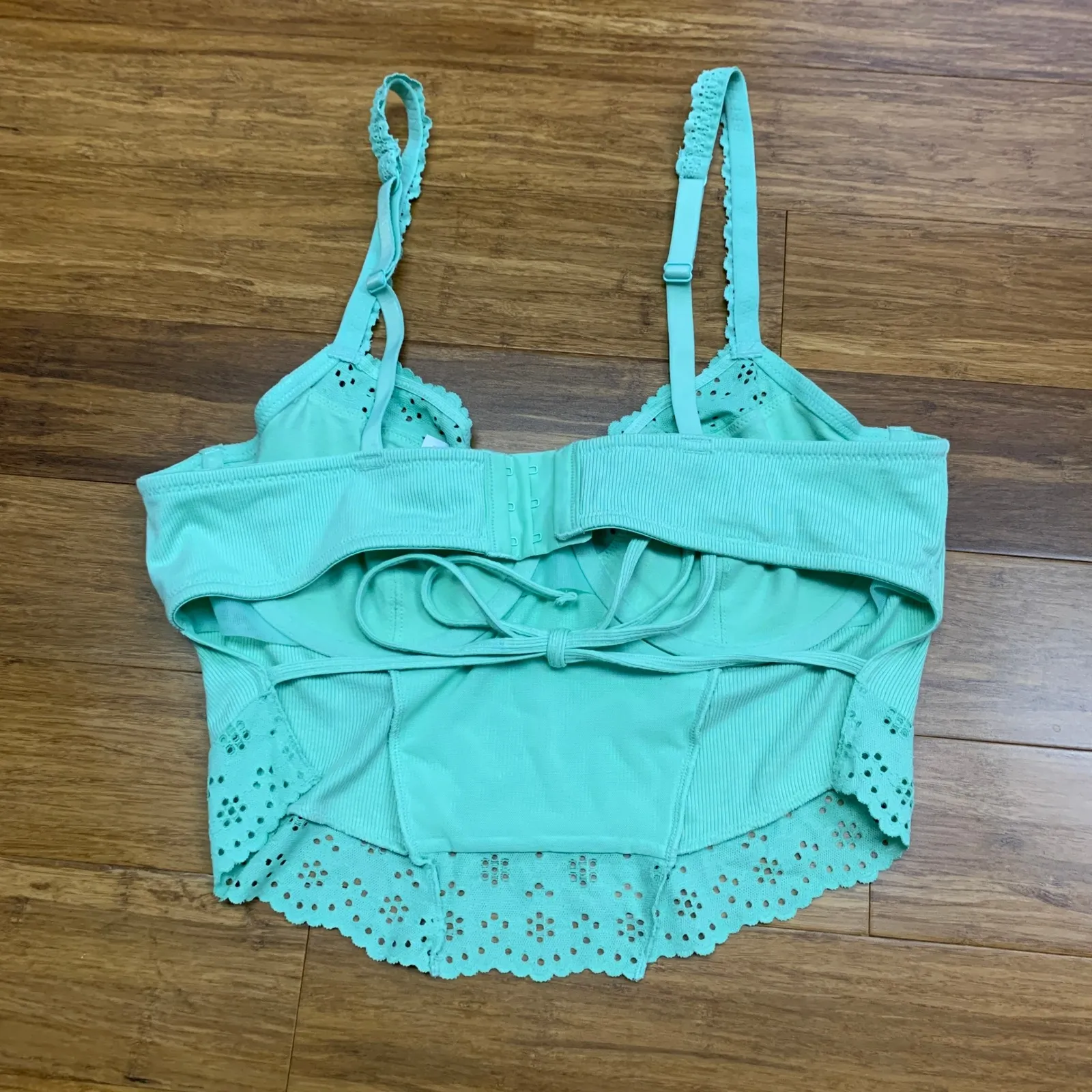Colsie‎ Bralette Top Womens Size XL Mint Green Ribbed Lace Trim Tie Back Cropped - Image 2